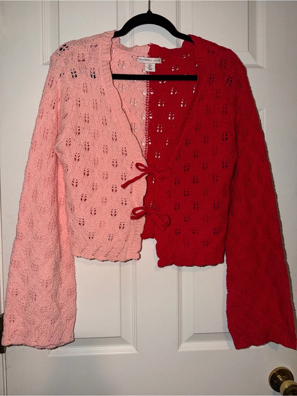 Sincerly Jules Two-Tone Pink & Red Knit Tie-Front Sweater